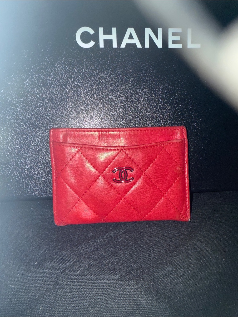 CHANEL Red Quilted Leather Card Holder with Silver CC